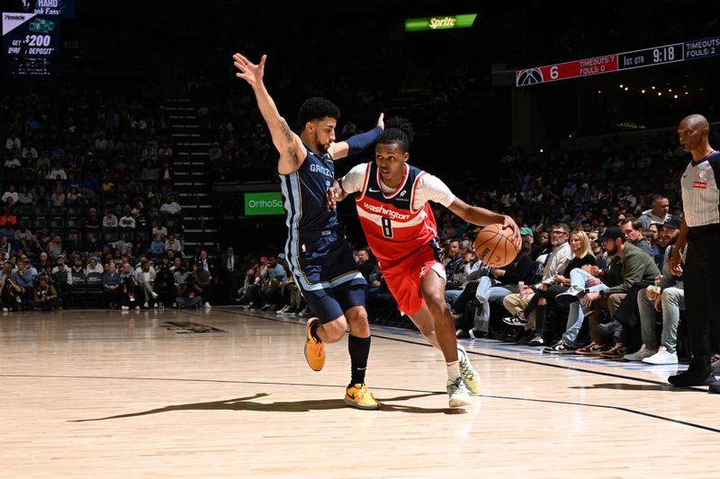 MEMPHIS, TN - NOVEMBER 8: Bub Carrington #8 of the Washington Wizards drives to the basket during the game against the Memphis Grizzlies on November 8, 2024 at FedExForum in Memphis, Tennessee. NOTE TO USER: User expressly acknowledges and agrees that, by downloading and or using this photograph, User is consenting to the terms and conditions of the Getty Images License Agreement. Mandatory Copyright Notice: Copyright 2024 NBAE (Photo by Grant Burke/NBAE via Getty Images)