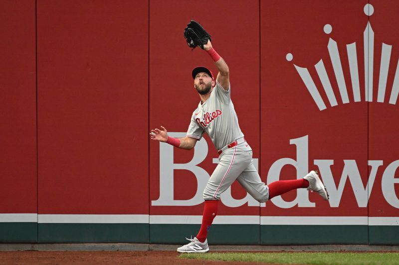 Sep 29, 2024; Washington, District of Columbia, USA; Philadelphia Phillies first baseman Kody Clemens (2) makes a catch on the warning track for an out against the Washington Nationals during the seventh inning at Nationals Park. Mandatory Credit: Rafael Suanes-Imagn Images