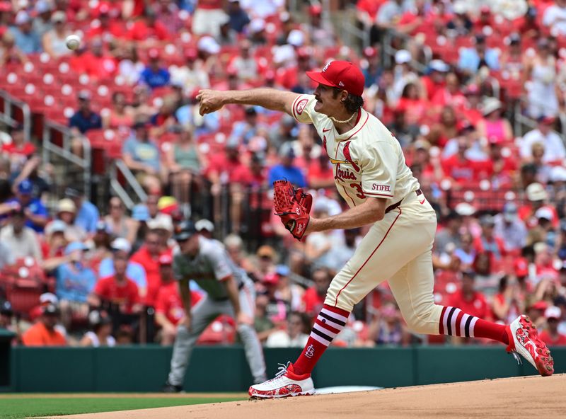 Jun 22, 2024; St. Louis, Missouri, USA; St. Louis Cardinals pitcher Miles Mikolas throws against the San Francisco Giants in the first inning at Busch Stadium. Mandatory Credit: Tim Vizer-USA TODAY Sports