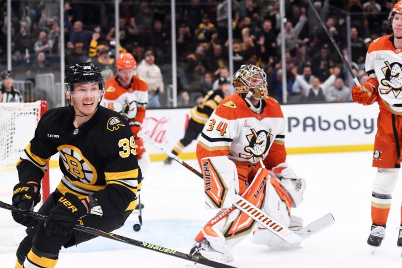 Oct 23, 2025; Boston, Massachusetts, USA; Boston Bruins center Morgan Geekie (39) reacts after scoring a goal during the third period against the Anaheim Ducks at TD Garden. Mandatory Credit: Bob DeChiara-Imagn Images
