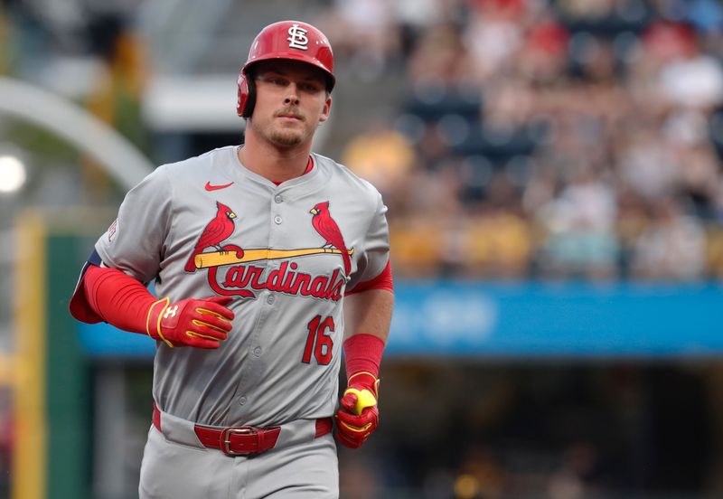 Jul 2, 2024; Pittsburgh, Pennsylvania, USA;  St. Louis Cardinals second baseman Nolan Gorman (16) circles the bases on a grand slam home run against the Pittsburgh Pirates during the fourth inning at PNC Park. Mandatory Credit: Charles LeClaire-USA TODAY Sports