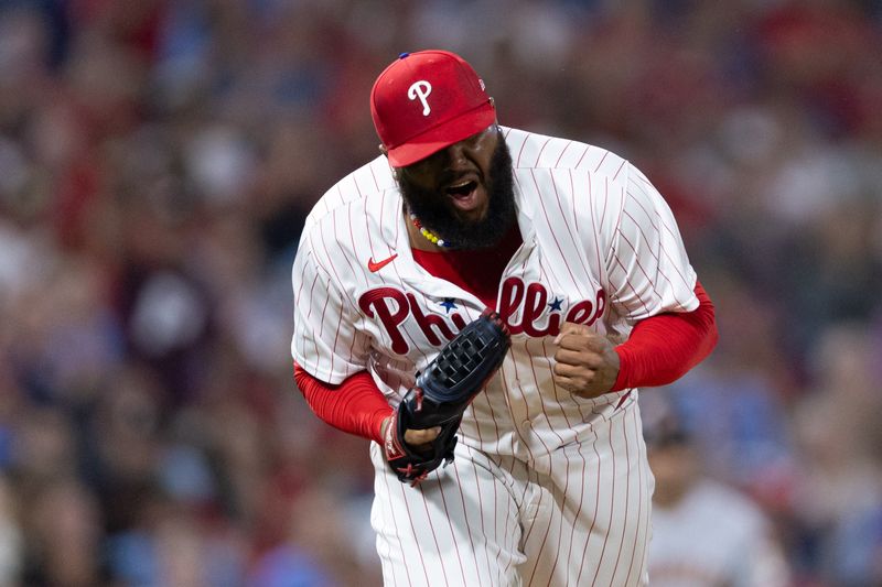 Aug 22, 2023; Philadelphia, Pennsylvania, USA; Philadelphia Phillies relief pitcher Jose Alvarado (46) reacts after pitching out of the seventh inning against the San Francisco Giants at Citizens Bank Park. Mandatory Credit: Bill Streicher-USA TODAY Sports