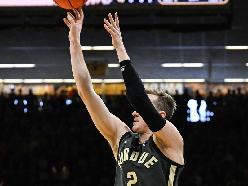Feb 14, 2026; Iowa City, Iowa, USA; Purdue Boilermakers guard Fletcher Loyer (2) shoots the ball against the Iowa Hawkeyes during the first half at Carver-Hawkeye Arena. Mandatory Credit: Jeffrey Becker-Imagn Images