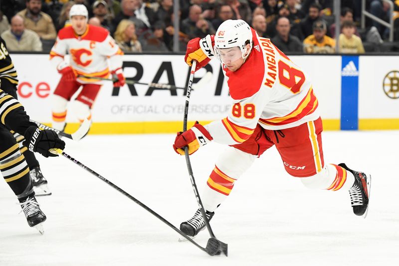 Feb 6, 2024; Boston, Massachusetts, USA; Calgary Flames left wing Andrew Mangiapane (88) shoots the puck during the second period against the Boston Bruins at TD Garden. Mandatory Credit: Bob DeChiara-USA TODAY Sports