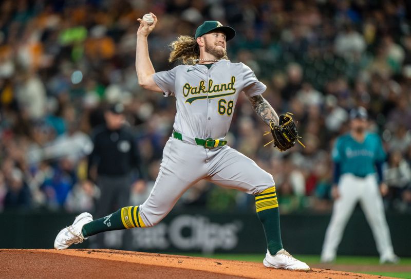 Sep 28, 2024; Seattle, Washington, USA; Oakland Athletics starter Joey Estes (68) delivers a pitch during the first inning against the Seattle Mariners  at T-Mobile Park. Mandatory Credit: Stephen Brashear-Imagn Images