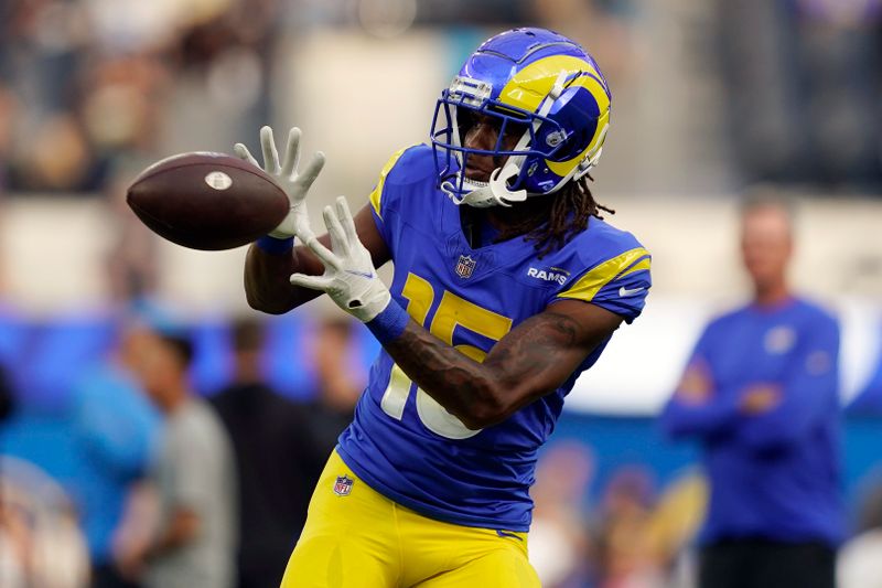 Los Angeles Rams wide receiver Demarcus Robinson warms up before a preseason NFL football game against the Los Angeles Chargers Saturday, Aug. 12, 2023, in Inglewood, Calif. (AP Photo/Ryan Sun)