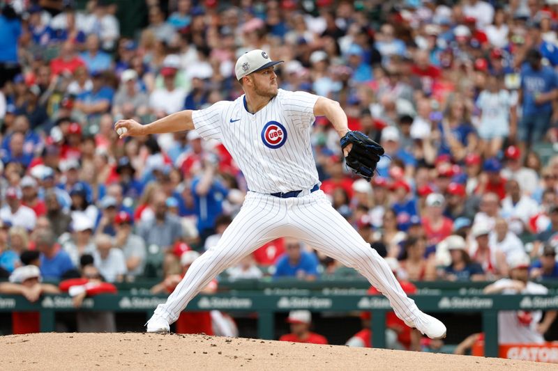 Jul 4, 2024; Chicago, Illinois, USA; Chicago Cubs starting pitcher Jameson Taillon (50) delivers a pitch against the Philadelphia Phillies during the second inning at Wrigley Field. Mandatory Credit: Kamil Krzaczynski-USA TODAY Sports