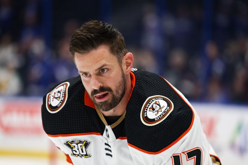 Jan 13, 2024; Tampa, Florida, USA;  Anaheim Ducks left wing Alex Killorn (17) warms up before a game against the Tampa Bay Lightning at Amalie Arena. Mandatory Credit: Nathan Ray Seebeck-USA TODAY Sports