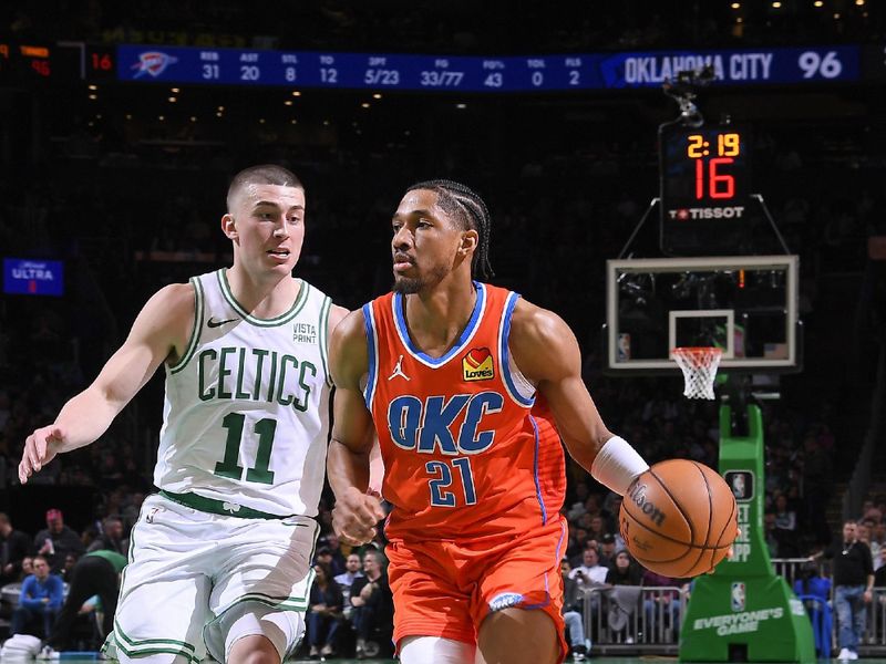 BOSTON, MA - APRIL 3: Aaron Wiggins #21 of the Oklahoma City Thunder drives to the basket during the game against the Boston Celtics on April 3, 2024 at the TD Garden in Boston, Massachusetts. NOTE TO USER: User expressly acknowledges and agrees that, by downloading and or using this photograph, User is consenting to the terms and conditions of the Getty Images License Agreement. Mandatory Copyright Notice: Copyright 2024 NBAE  (Photo by Brian Babineau/NBAE via Getty Images)