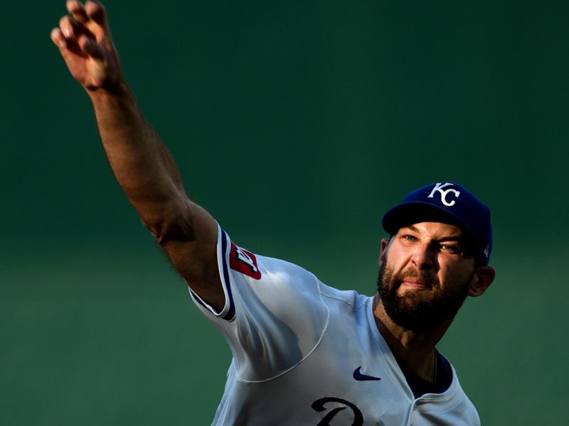 May 20, 2024; Kansas City, Missouri, USA; Kansas City Royals starting pitcher Michael Wacha (52) warms up prior to the first inning against the Detroit Tigers at Kauffman Stadium. Mandatory Credit: Jay Biggerstaff-USA TODAY Sports