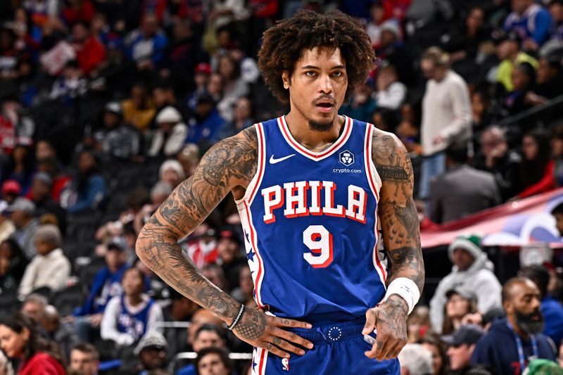 PHILADELPHIA, PA - JANUARY 15: Kelly Oubre Jr. #9 of the Philadelphia 76ers looks on during the game against the Houston Rockets on January 15, 2024 at the Wells Fargo Center in Philadelphia, Pennsylvania NOTE TO USER: User expressly acknowledges and agrees that, by downloading and/or using this Photograph, user is consenting to the terms and conditions of the Getty Images License Agreement. Mandatory Copyright Notice: Copyright 2024 NBAE (Photo by David Dow/NBAE via Getty Images)