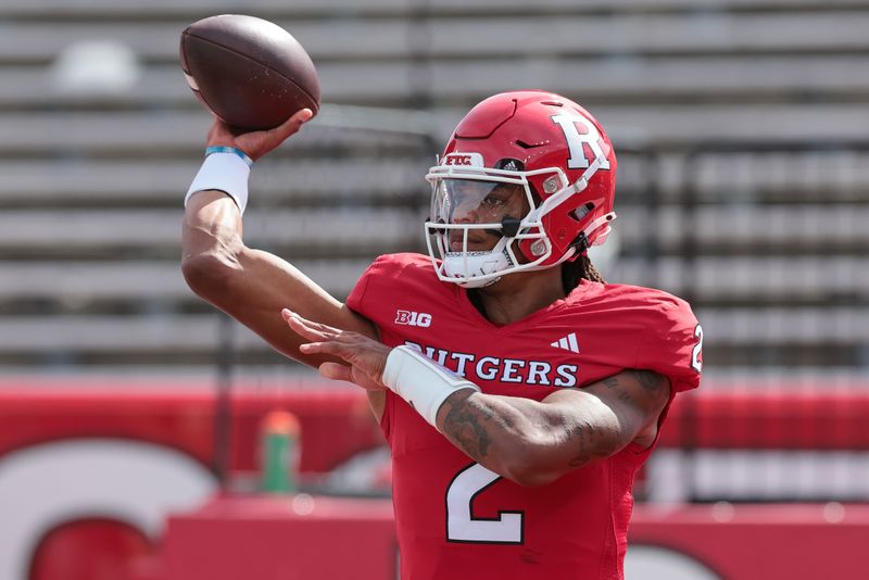 Sep 16, 2023; Piscataway, New Jersey, USA; Rutgers Scarlet Knights quarterback Gavin Wimsatt (2) warms up before the game against the Virginia Tech Hokies at SHI Stadium. Mandatory Credit: Vincent Carchietta-USA TODAY Sports