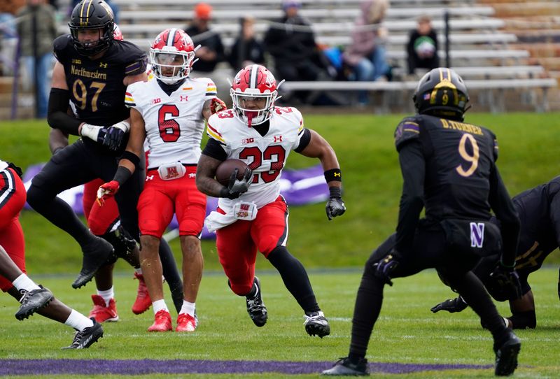 Oct 28, 2023; Evanston, Illinois, USA; Maryland Terrapins running back Colby McDonald (23) runs against the Northwestern Wildcats during the second half at Ryan Field. Mandatory Credit: David Banks-USA TODAY Sports