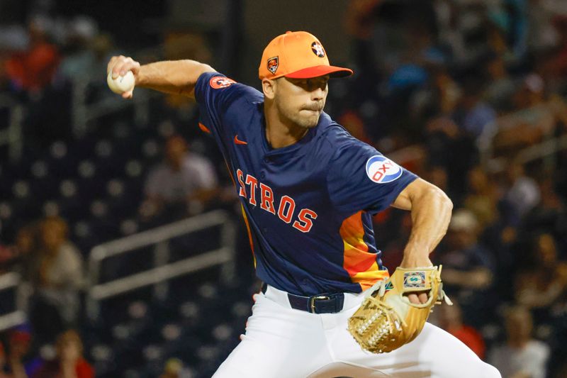 Mar 15, 2024; West Palm Beach, Florida, USA; Houston Astros pitcher Tayler Scott throws a pitch during the ninth inning against the Philadelphia Phillies at The Ballpark of the Palm Beaches. Mandatory Credit: Reinhold Matay-USA TODAY Sports