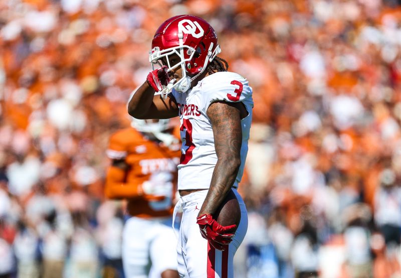 Oct 7, 2023; Dallas, Texas, USA;  Oklahoma Sooners wide receiver Jalil Farooq (3) reacts after making a catch as  during the first half against the Texas Longhorns at the Cotton Bowl. Mandatory Credit: Kevin Jairaj-USA TODAY Sports