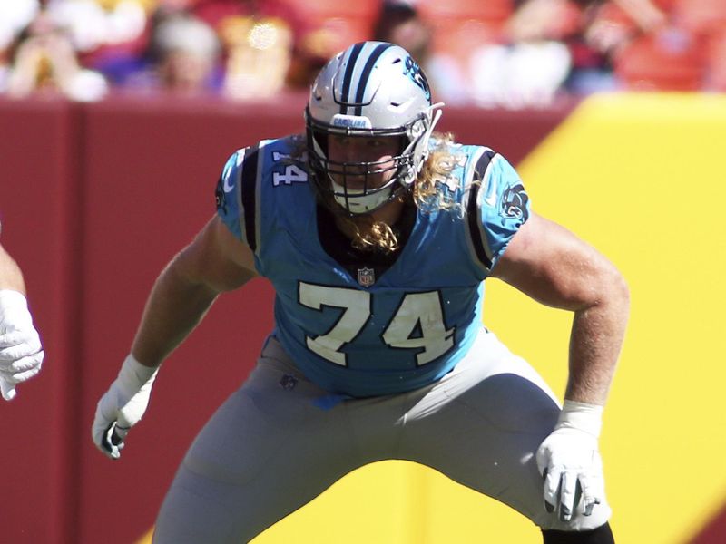 Carolina Panthers offensive lineman Austen Pleasants (74) blocks during an NFL football game against the Washington Commanders, Saturday, Aug. 13, 2022 in Landover. (AP Photo/Daniel Kucin Jr.)