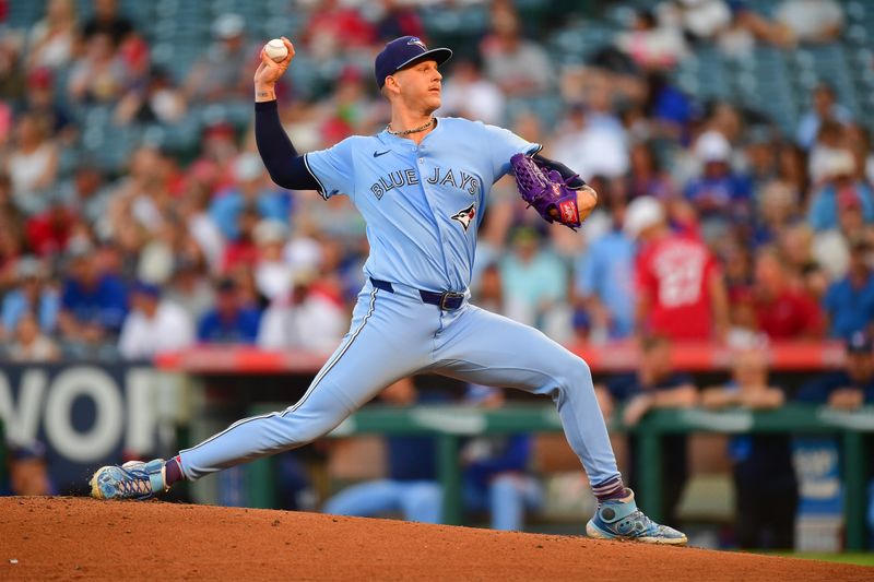 Aug 12, 2024; Anaheim, California, USA; Toronto Blue Jays pitcher Bowden Francis (44) throws against the Los Angeles Angels during the second inning at Angel Stadium. Mandatory Credit: Gary A. Vasquez-USA TODAY Sports