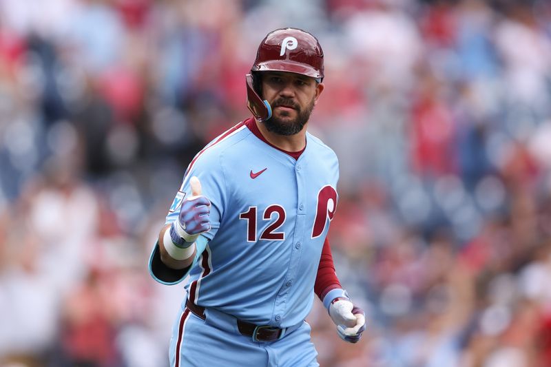 May 29, 2025; Philadelphia, Pennsylvania, USA; Philadelphia Phillies outfielder Kyle Schwarber (12) reacts after hitting a home run during the seventh inning against the Atlanta Braves at Citizens Bank Park. Mandatory Credit: Bill Streicher-Imagn Images