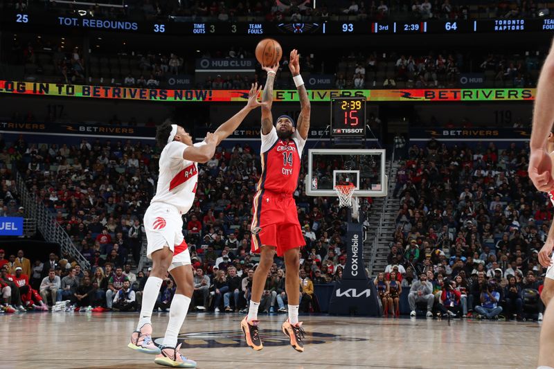 NEW ORLEANS, LA - FEBRUARY 5: Brandon Ingram #14 of the New Orleans Pelicans shoots a three point basket during the game against the Toronto Raptors on February 5, 2024 at the Smoothie King Center in New Orleans, Louisiana. NOTE TO USER: User expressly acknowledges and agrees that, by downloading and or using this Photograph, user is consenting to the terms and conditions of the Getty Images License Agreement. Mandatory Copyright Notice: Copyright 2024 NBAE (Photo by Layne Murdoch Jr./NBAE via Getty Images)