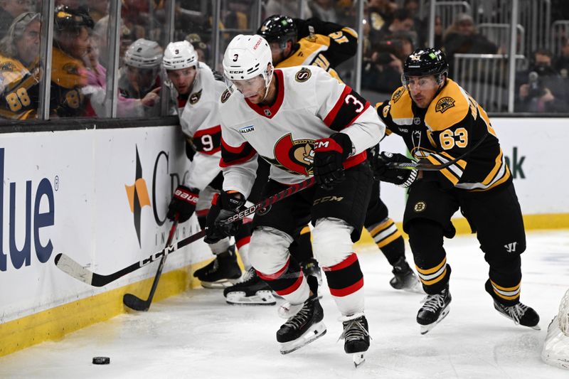 Nov 9, 2024; Boston, Massachusetts, USA; Ottawa Senators defenseman Nick Jensen (3) controls the puck against Boston Bruins left wing Brad Marchand (63) during the third period at TD Garden. Mandatory Credit: Brian Fluharty-Imagn Images