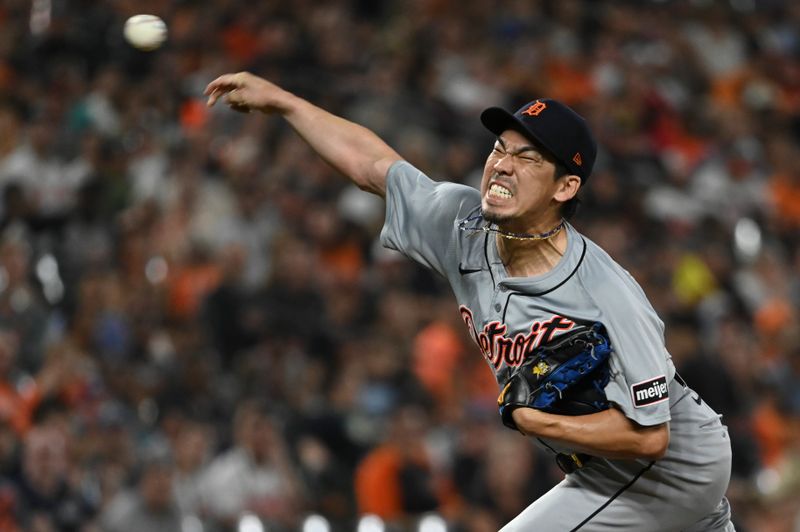 Sep 20, 2024; Baltimore, Maryland, USA;  Detroit Tigers pitcher Kenta Maeda (18) throws a eighth inning pitch against the Baltimore Orioles at Oriole Park at Camden Yards. Mandatory Credit: Tommy Gilligan-Imagn Images