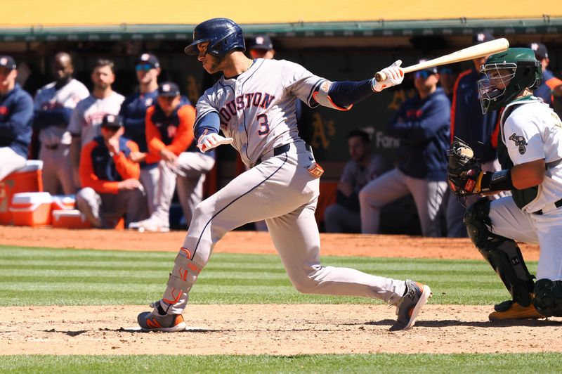 May 25, 2024; Oakland, California, USA; Houston Astros shortstop Jeremy Pena (3) strikes out Oakland Athletics during the ninth inning at Oakland-Alameda County Coliseum. Mandatory Credit: Kelley L Cox-USA TODAY Sports