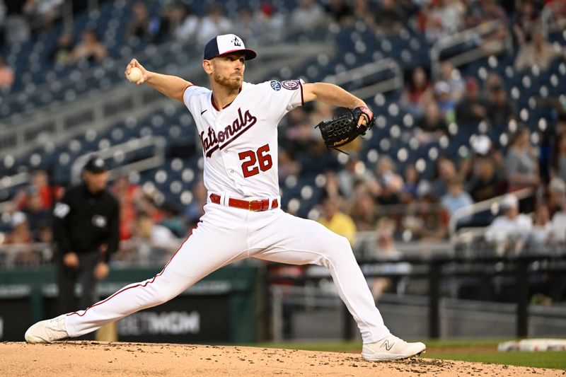 Apr 4, 2023; Washington, District of Columbia, USA; Washington Nationals starting pitcher Chad Kuhl (26) throws to the Tampa Bay Rays during the second inning at Nationals Park. Mandatory Credit: Brad Mills-USA TODAY Sports