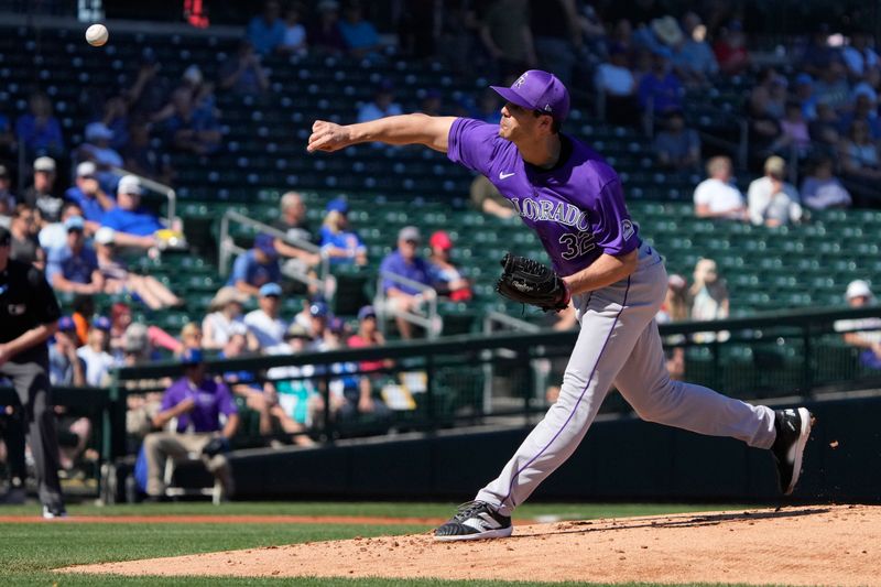 Feb 29, 2024; Mesa, Arizona, USA; Colorado Rockies starting pitcher Dakota Hudson (32) throws against the Chicago Cubs in the first inning at Sloan Park. Mandatory Credit: Rick Scuteri-USA TODAY Sports