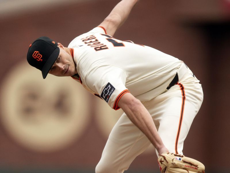 Apr 26, 2025; San Francisco, California, USA; San Francisco Giants pitcher Tyler Rogers (71) delivers a pitch against the Texas Rangers during the eighth inning at Oracle Park. Mandatory Credit: D. Ross Cameron-Imagn Images