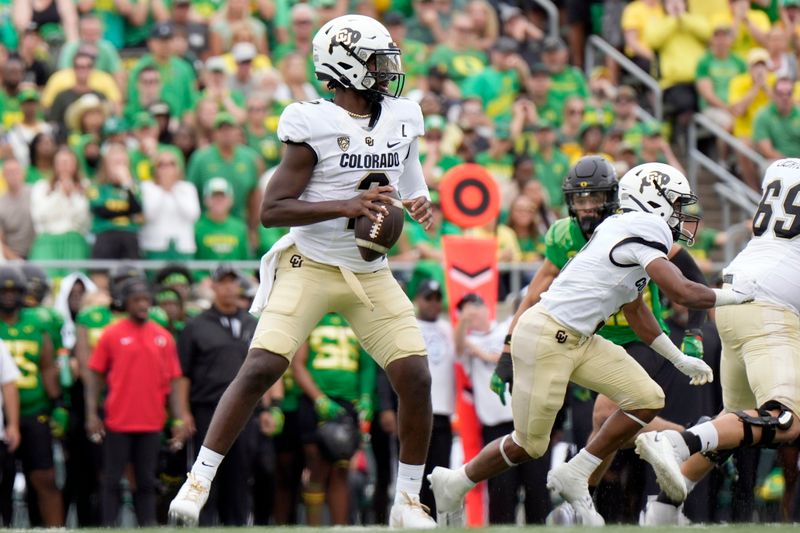 Sep 23, 2023; Eugene, Oregon, USA; Colorado Buffaloes quarterback Shedeur Sanders (2) looks to throw during the second half against the Oregon Ducks at Autzen Stadium. Mandatory Credit: Soobum Im-USA TODAY Sports