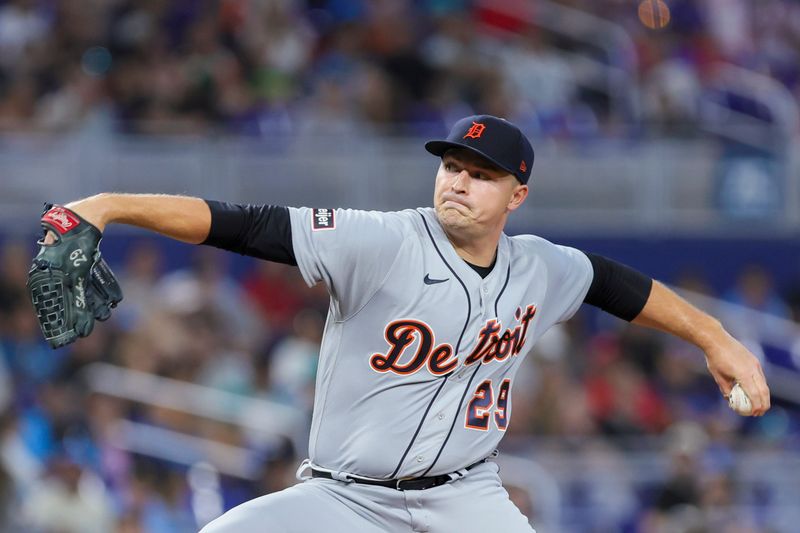 Jul 30, 2023; Miami, Florida, USA; Detroit Tigers starting pitcher Tarik Skubal (29) pitches against the Miami Marlins during the first inning at loanDepot Park. Mandatory Credit: Sam Navarro-USA TODAY Sports