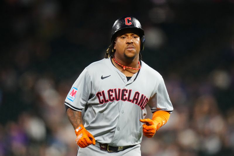 May 29, 2024; Denver, Colorado, USA; Cleveland Guardians third base José Ramírez (11) leaves the field in the eighth inning against the Colorado Rockies at Coors Field. Mandatory Credit: Ron Chenoy-USA TODAY Sports