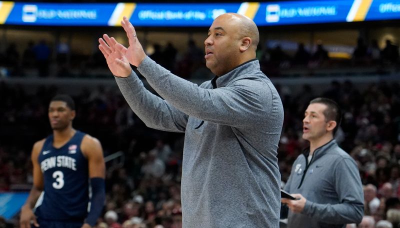 Mar 11, 2023; Chicago, IL, USA; Penn State Nittany Lions head coach Micah Shrewsberry gestures during the first half at United Center. Mandatory Credit: David Banks-USA TODAY Sports