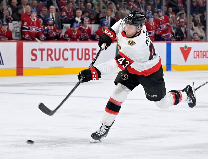 Nov 1, 2025; Montreal, Quebec, CAN; Ottawa Senators defenseman Tyler Kleven (43) takes a shot on net during the second period of the game against the Montreal Canadiens at the Bell Centre. Mandatory Credit: Eric Bolte-Imagn Images