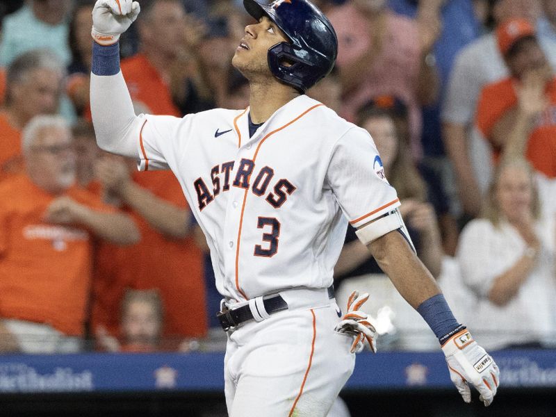 Jul 5, 2023; Houston, Texas, USA; Houston Astros shortstop Jeremy Pena (3) reacts to his two run home run against the Colorado Rockies in the fourth inning at Minute Maid Park. Mandatory Credit: Thomas Shea-USA TODAY Sports