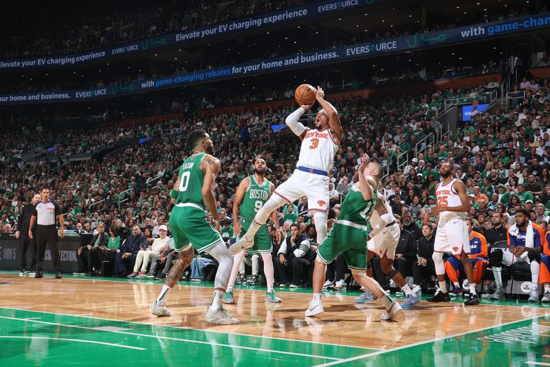 BOSTON, MA - OCTOBER 22: Josh Hart #3 of the New York Knicks shoots the ball during the game against the Boston Celtics on October 22, 2024 at TD Garden in Boston, Massachusetts. NOTE TO USER: User expressly acknowledges and agrees that, by downloading and or using this Photograph, user is consenting to the terms and conditions of the Getty Images License Agreement. Mandatory Copyright Notice: Copyright 2024 NBAE (Photo by Nathaniel S. Butler/NBAE via Getty Images)