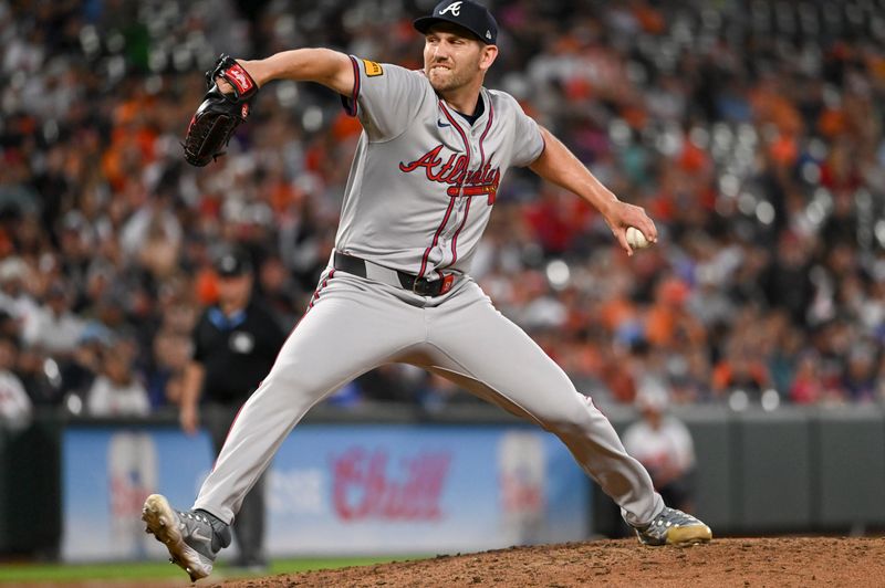 Jun 11, 2024; Baltimore, Maryland, USA; Atlanta Braves pitcher Dylan Lee (52) throws a eighth inning pitch against the Baltimore Orioles  at Oriole Park at Camden Yards. Mandatory Credit: Tommy Gilligan-USA TODAY Sports