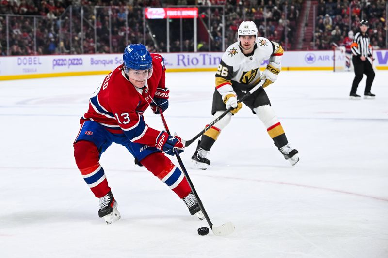 Nov 23, 2024; Montreal, Quebec, CAN; Montreal Canadiens right wing Cole Caufield (13) plays the puck against the Las Vegas Golden Knights during the second period at Bell Centre. Mandatory Credit: David Kirouac-Imagn Images