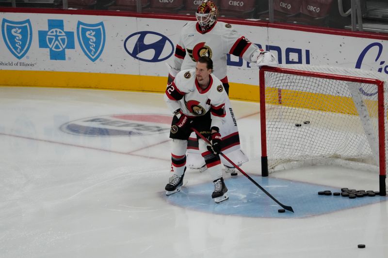 Oct 28, 2025; Chicago, Illinois, USA; Ottawa Senators defenseman Thomas Chabot (72) warms up before a game against the Chicago Blackhawks at United Center. Mandatory Credit: David Banks-Imagn Images