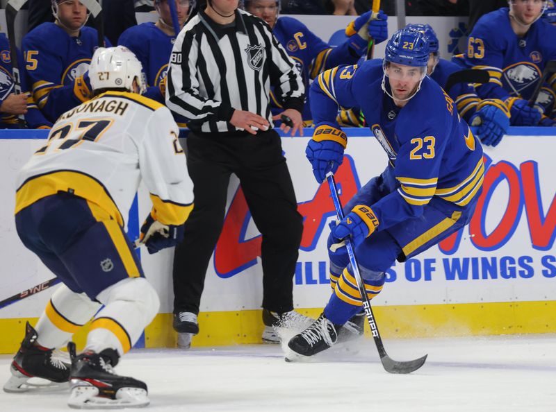 Dec 3, 2023; Buffalo, New York, USA;  Buffalo Sabres defenseman Mattias Samuelsson (23) looks to make a pass as Nashville Predators defenseman Ryan McDonagh (27) defends during the second period at KeyBank Center. Mandatory Credit: Timothy T. Ludwig-USA TODAY Sports