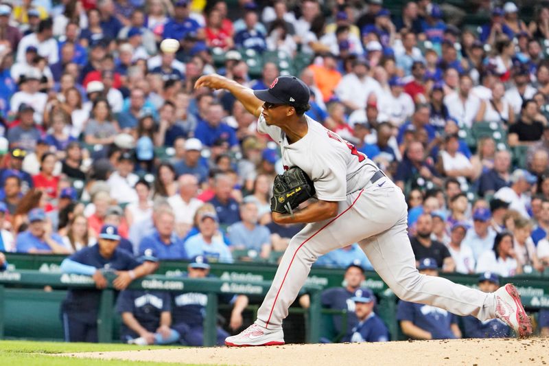 Jul 14, 2023; Chicago, Illinois, USA; Boston Red Sox starting pitcher Brayan Bello (66) pitches against the Chicago Cubs during the first inning at Wrigley Field. Mandatory Credit: David Banks-USA TODAY Sports