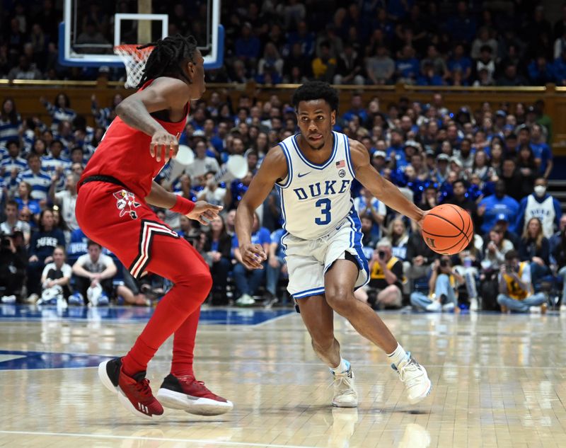 Feb 20, 2023; Durham, North Carolina, USA; Duke Blue Devils guard Jeremy Roach (3) controls the ball in front of Louisville Cardinals forward Jae'Lyn Withers (24) during the second half at Cameron Indoor Stadium. The Blue Devils won 79-62. Mandatory Credit: Rob Kinnan-USA TODAY Sports