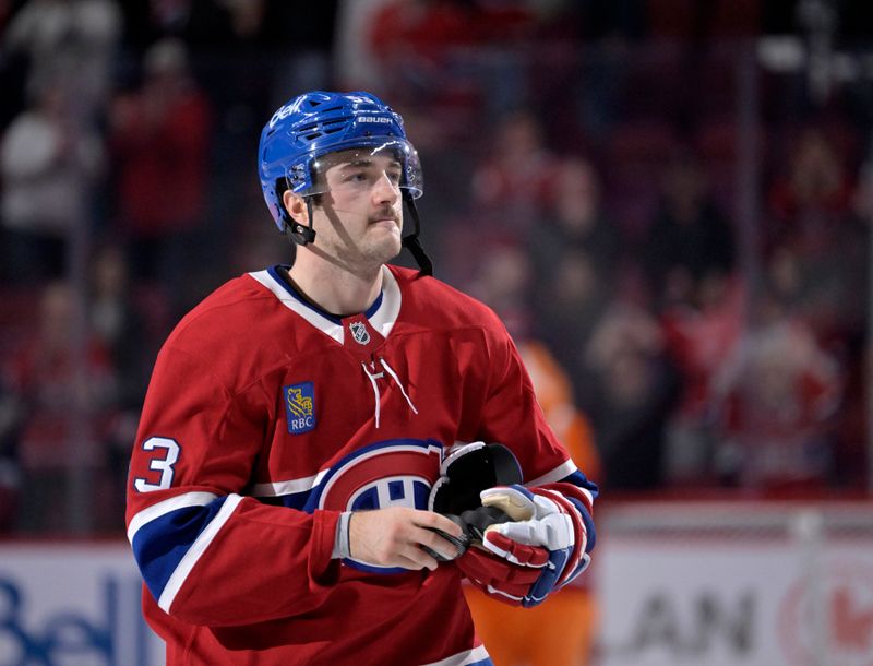 Nov 22, 2025; Montreal, Quebec, CAN; Montreal Canadiens defenseman Noah Dobson (53) celebrates the win against the Toronto Maple Leafs at the Bell Centre. Mandatory Credit: Eric Bolte-Imagn Images