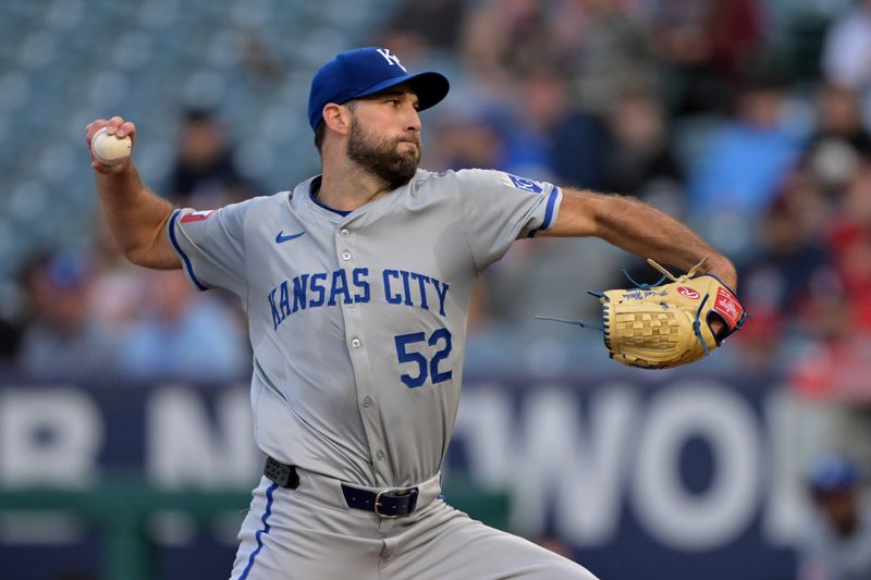 May 9, 2024; Anaheim, California, USA;  Kansas City Royals pitcher Michael Wacha (52) delivers to the plate in the first inning against the Los Angeles Angels at Angel Stadium. Mandatory Credit: Jayne Kamin-Oncea-USA TODAY Sports