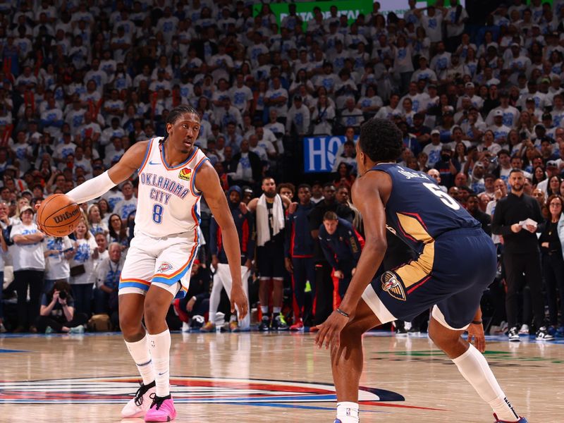 OKLAHOMA CITY, OK - APRIL 21:  Jalen Williams #8 of the Oklahoma City Thunder handles the ball during the game  against the New Orleans Pelicans  during Round 1 Game 1 of the 2024 NBA Playoffs on April 21, 2024 at Paycom Arena in Oklahoma City, Oklahoma. NOTE TO USER: User expressly acknowledges and agrees that, by downloading and or using this photograph, User is consenting to the terms and conditions of the Getty Images License Agreement. Mandatory Copyright Notice: Copyright 2024 NBAE (Photo by Zach Beeker/NBAE via Getty Images)