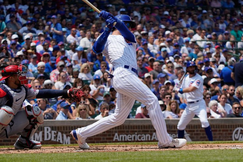 Jul 23, 2023; Chicago, Illinois, USA; Chicago Cubs center fielder Cody Bellinger (24) hits a two-run homer against the St. Louis Cardinals during the first inning at Wrigley Field. Mandatory Credit: David Banks-USA TODAY Sports