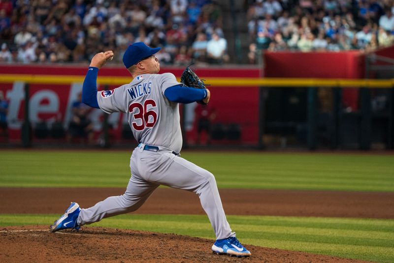 Sep 17, 2023; Phoenix, Arizona, USA; Chicago Cubs pitcher Jordan Wicks (36) on the mound in the fourth inning against the Arizona Diamondbacks at Chase Field. Mandatory Credit: Allan Henry-USA TODAY Sports