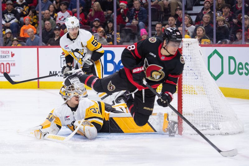 Dec 18, 2025; Ottawa, Ontario, CAN; Pittsburgh Penguins goalie Arturs Silovs (37) takes a skate to his mask after tripping Ottawa Senators center Tim Stutzle (18) in the first period at the Canadian Tire Centre. Mandatory Credit: Marc DesRosiers-IMAGN Images