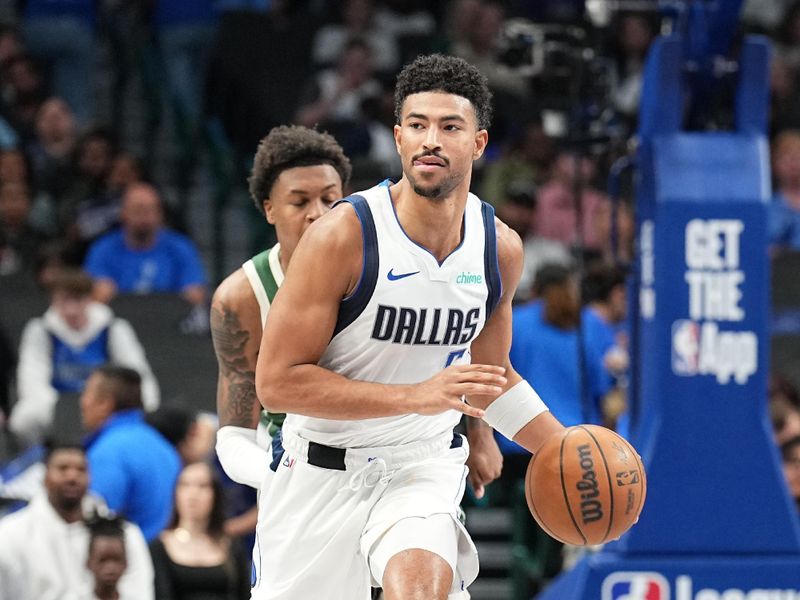 DALLAS, TX - OCTOBER 17: Quentin Grimes #5 of the Dallas Mavericks dribbles the ball during the game against the Milwaukee Bucks during a NBA preseason game on October 17, 2024 at American Airlines Center in Dallas, Texas. NOTE TO USER: User expressly acknowledges and agrees that, by downloading and or using this photograph, User is consenting to the terms and conditions of the Getty Images License Agreement. Mandatory Copyright Notice: Copyright 2024 NBAE (Photo by Glenn James/NBAE via Getty Images)
