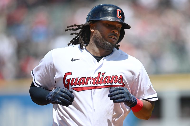 Jun 22, 2023; Cleveland, Ohio, USA; Cleveland Guardians first baseman Josh Bell (55) rounds the bases after hitting a home run during the fifth inning against the Oakland Athletics at Progressive Field. Mandatory Credit: Ken Blaze-USA TODAY Sports